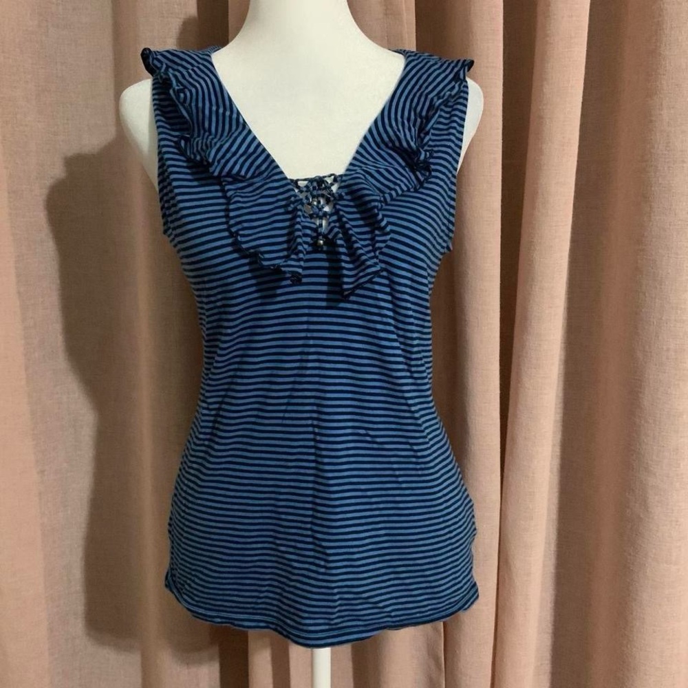 Chaps Navy Striped Ruffle Blouse